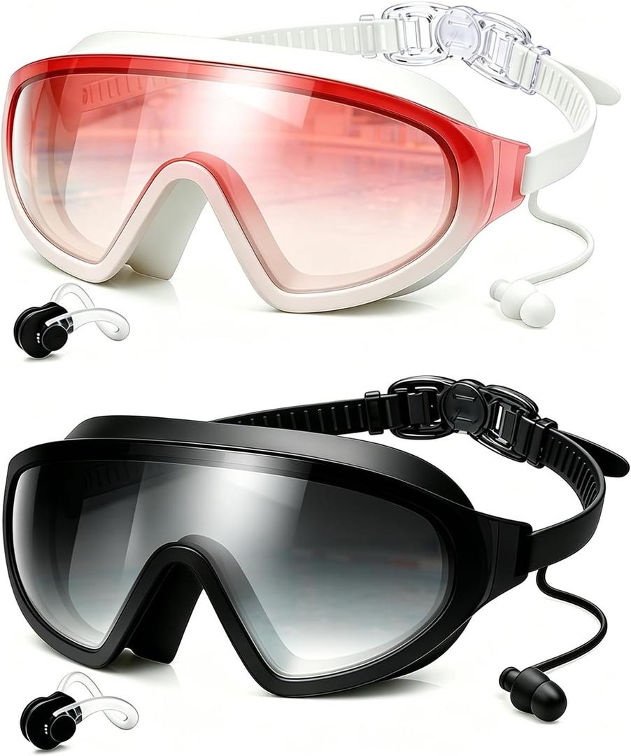 Swim Goggles 2 Pack, Wide View Anti Fog&UV Swimming Goggles for Audlt, No Leak Pool Beach Essentials for Men Women
