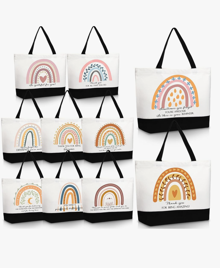 Buryeah 10 Pcs Teacher Appreciation Gift Bags Bulk Flower Rainbow Employee Canvas Tote Bag Thank You Gift for Women Christmas