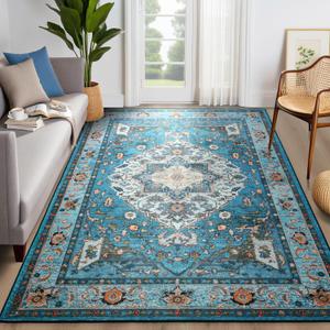 YJ.GWL Area Rug for Living Room, 4x6 Machine Washable Boho Rug for Bedroom, Low Pile Lightweight Thin Rugs Floral Vintage Distress Print Pattern Carpet for Dining Room, Blue/Multi