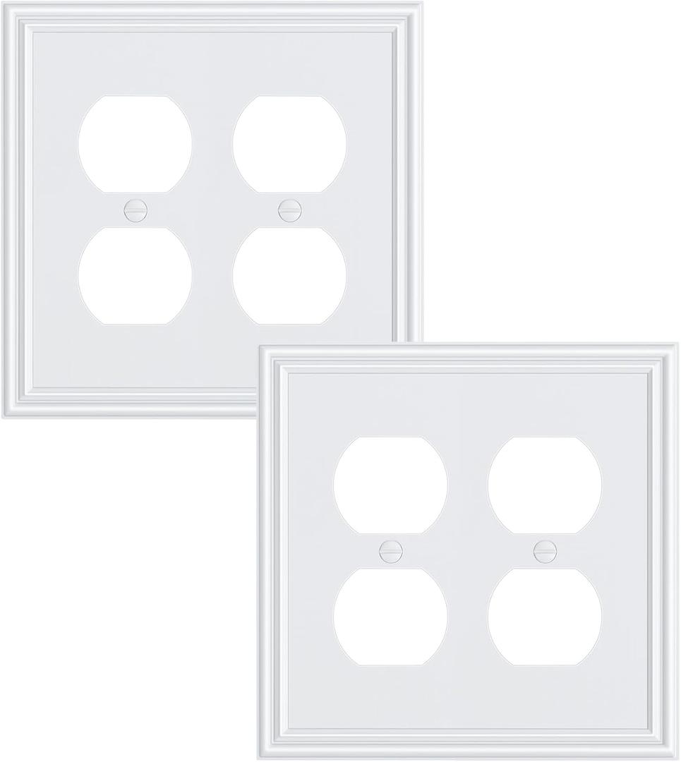 2-Pack Double Duplex Outlet Cover, Pure White Decorative Switch Plates and Outlet Covers for Electrical Outlets, Durable Zinc Alloy Wall Plates, 2 Gang Receptacle Cover, Corrosion Resistant