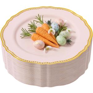 Hioasis 60pcs Pink Plastic Plates - Pink and Gold Disposable Dinnerware with Gold Rim, Heavy-duty, 10.25 inch, Dinner Plates for Party & Easter