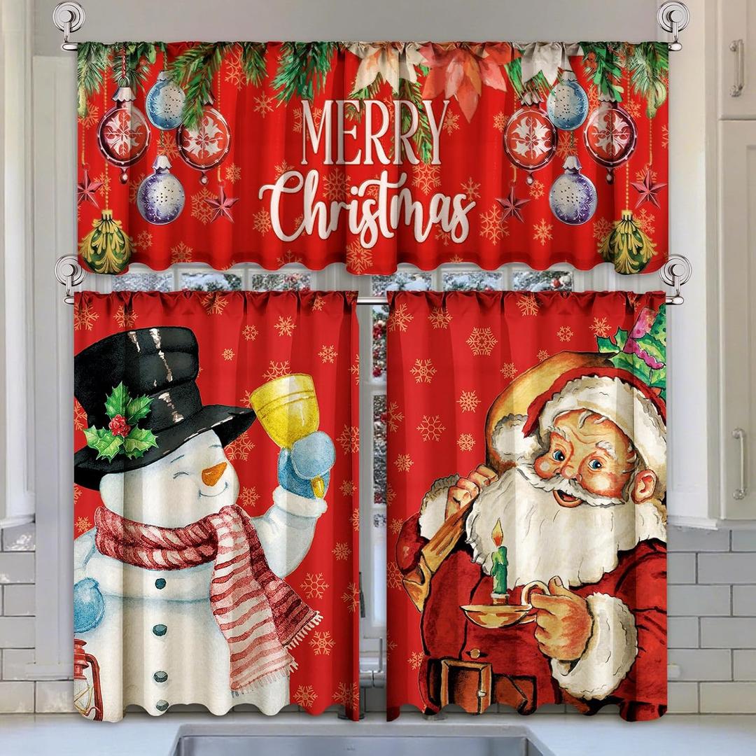 Breling 3 Pcs Christmas Kitchen Curtains Valances and Tiers Set for Windows Merry Christmas Snowman Santa Claus Decor Short Curtain Set for Bedroom Window Treatment Decor Party Favor Supplies