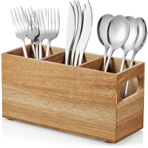 DRASTAR Silverware Holder, Acacia Wooden Utensil Caddy, Silverware Organizer Countertop, Cutlery Holder for Party, Fork Spoon Knife Organizer