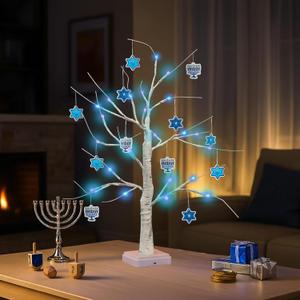 24'' Hanukkah LED Lighted Birch Tree with 12 Hanging Ornaments, Blue Lights Tabletop Pre-Lit Tree for Hanukkah Decorations, Battery/USB Operated Birch Tree for Home Table Mantel Decor
