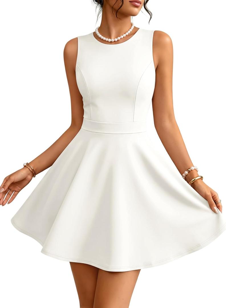 ZESICA Women's Summer Sleeveless Mini Dress 2026 Elegant Crewneck A Line Graduation Cocktail Party Short Dresses, Small