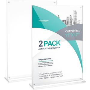 11x17 Acrylic Sign Holder Table Top with Magnetic Corners, 2-Pack – Quick Change Display Stand for Menus, Posters and Ads, Restaurant, Office, Events, Retail, Large Size