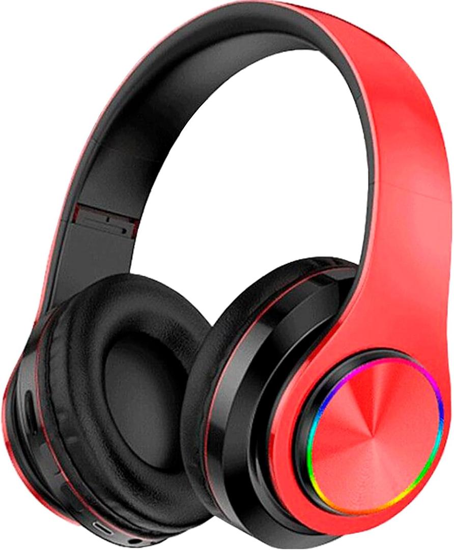 Wireless Bluetooth Headphones with Colorful LED Lights, Built-in Mic, Light Weight, Foldable, Wired HiFi Stereo Headphones for Classroom/Home Office/PC/Mobile Phone/Kids Adult (Red Black)