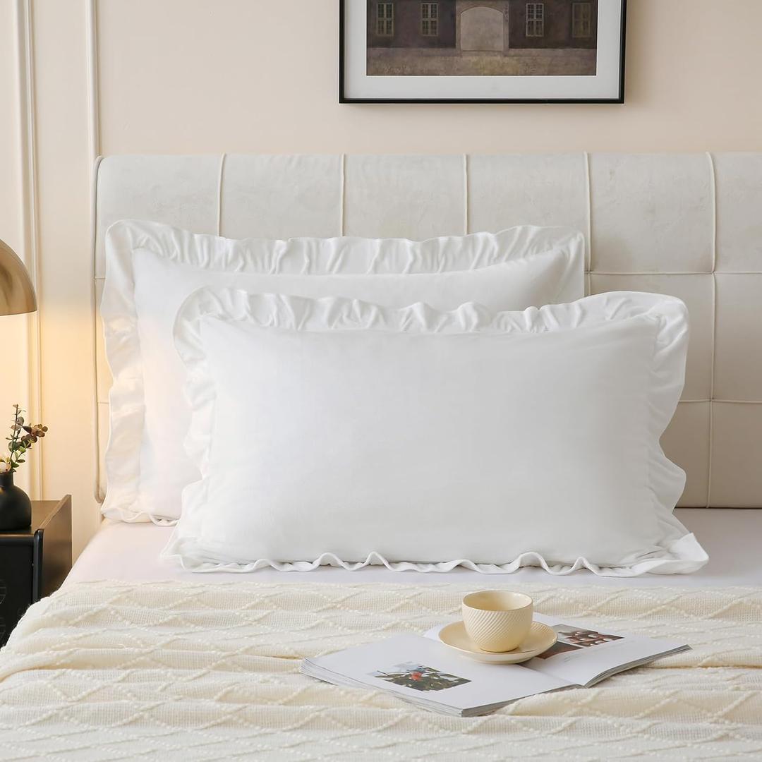 Move Over White Velvet Pillowcases White Ruffle Pillowcases King Size Solid Velvet Pillow Cover Vintage and Chic Ruffled Pillow Cases Luxury Fuzzy Pillowcase Cover Set of 2