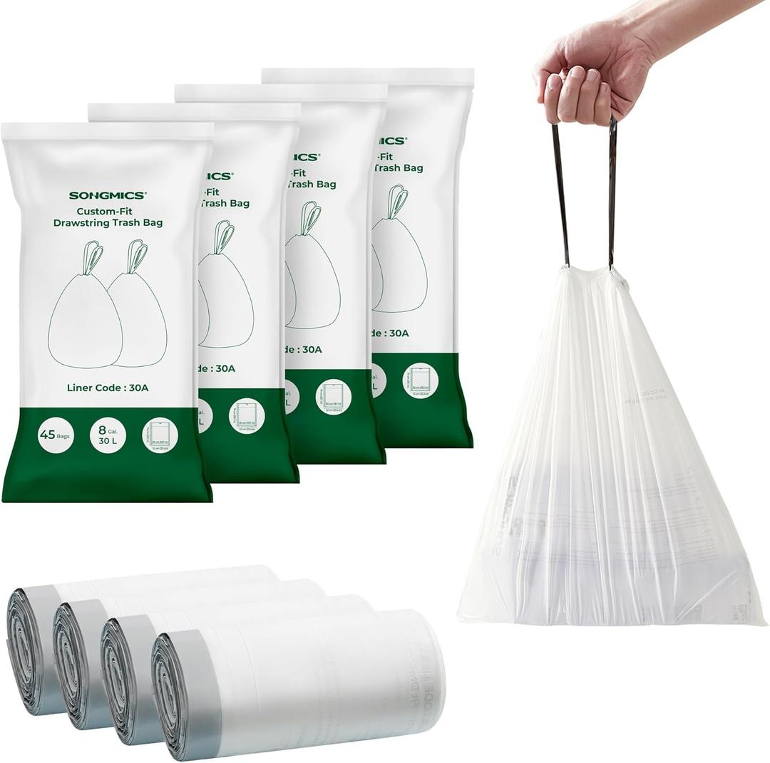 SONGMICS Trash Bags for 8-Gallon (30 L) Trash Cans, Drawstring Kitchen Garbage Bags, Pre-Separated, Liner Code 30A, 4 Rolls, 180 Count, White UKRB030A04, White 