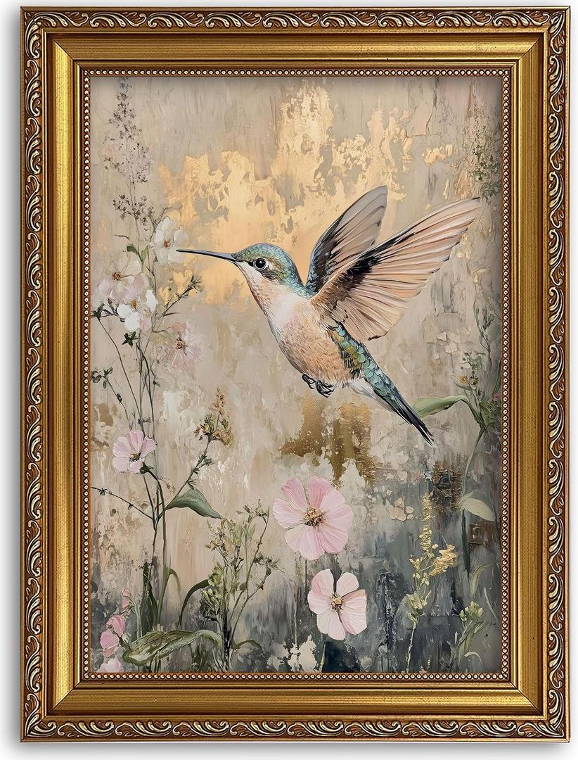 Vintage Gold Framed Wall Art for Living Room Hummingbird Canvas Prints Home Decor Floral Gold Foil Style Painting Picture Bedroom Wall Decor Gifts for Friends or Family 16x24in