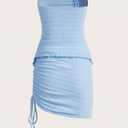 WDIRARA Women's 2 Piece Outfits Strapless Drawstring Front Ruched Crop Tube Top and Bodycon Skirt Set (Blue, S)