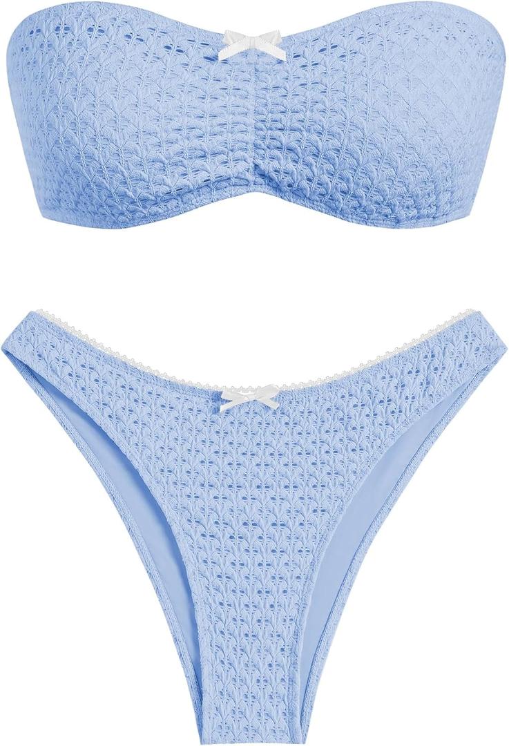 ZAFUL Women's Strapless Bikini Openwork Textured Bow Ruched Lace Up High Cut Bandeau Swimsuit Bathing Suits (0-a-light Blue)