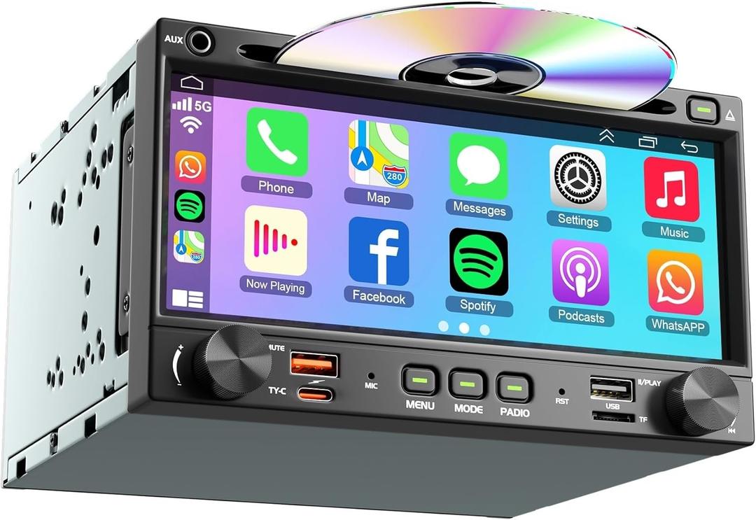 Double Din Carplay Car Radio with CD/DVD, 7 Inch Touchscreen Stereo with Wireless CarPlay & Android Auto Support Backup Camera, Bluetooth & Voice Control, Mirror Link, Subwoofer,SWC, AM/FM Radio