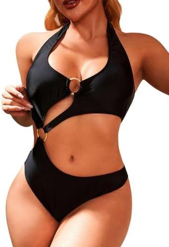 HISAGUHE Women One Piece Swimsuit Slimming Cutout Fashoin Swimwear Metal Ring Bathing Suit Female Beachwear Size XL