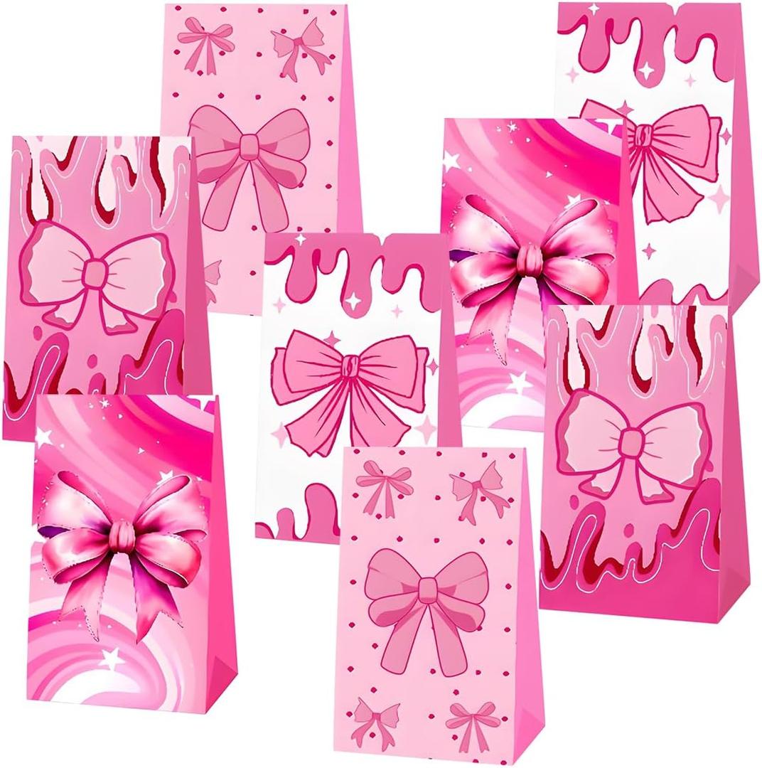 OUSHISS 12Pcs Coquette Pink Bow Party Paper Gift Bags, Girl Bow Birthday Party Treat Bags, Coquette Birthday Goodie Candy Bags for Bow Birthday Baby Shower Bridal Shower Bachelorette Party Supplies