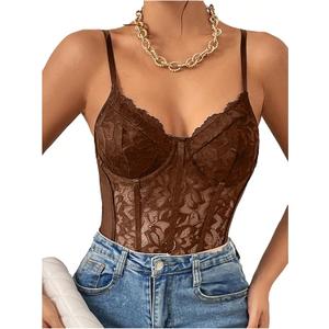 Milumia Women's Sexy Sheer Mesh Lace Bodysuit Spaghetti Strap Bustier Corset Tops Rave Party Club (Medium, Light Brown)