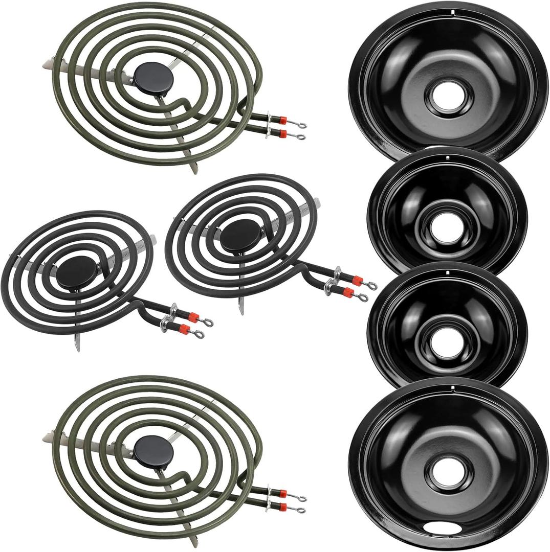 5304430149 5304430150 Porcelain Burner Drip Pan Cooktop Set & MP22YA Electric Range Burner Element Unit Set - Compatible with Frigi-daire Ken-more Tap-pan Electric Range Stove Top by AMI PARTS