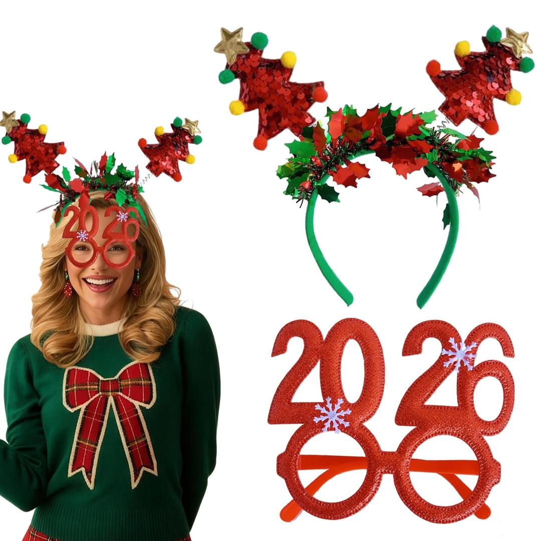 Christmas Hair Band Red Tree Head Band with Red Green Ribbon Holly Design Red 2026 Glasses Photo Props for Women and Girl Hair Accessories for Christmas Party or Festival Decoration Wear 2PCS