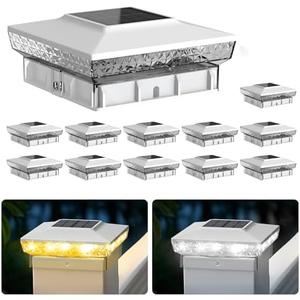 KEILAIMO Solar Post Cap Lights, 12-Pack Upgraded Outdoor Deck Fence Post Solar Lights for 4x4 5x5 Wood/Vinyl Posts, IP65 Waterproof, 10-12 Hours Warm/Cool White Glow for Garden/Patio/Porch - White