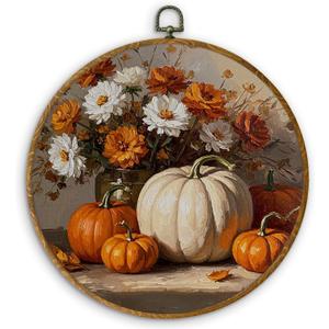 DILSJ Fall Pumpkin Round Wall Art Decor, Farmhouse Harvest Autumn Pumpkin Floral Canvas Wall Art Framed, Vintage Fall Hanging Decorations for Home Bedroom Living Room, 10x10 Inch
