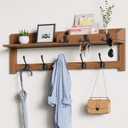 Coat Rack Wall Mount with Shelf, Wooden Entryway Wall Mounted Hanging Coat Hanger with 5 Hooks and 3 Key Hook for Bedroom, Wood 24 Inch Clothes Racks with Shelves, Key Holder, Mail Storage Organizer (Brown)
