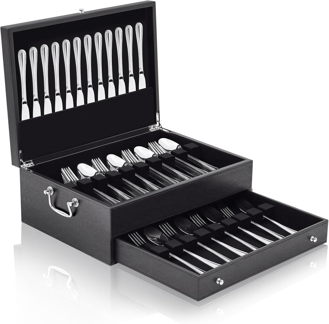 DoubleFill 2 Layer Leather Silverware Storage Box with Lid and Handles, Anti Tarnish Silverware Storage Chest Case with Felt-lined for 12-16 or More Sets of Utensils Flatware Gifts, 15.3x11.2x5.7 Inch (Black)