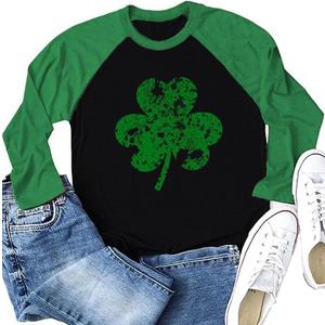 St. Patrick's Day Shirts for Women Raglan Long Sleeve Lucky Shamrock Graphic Irish Shirts Spring Casual Tops (Large, Cjx03bk)