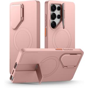 SURITCH for Samsung Galaxy S25 Ultra Phone Case, Magnetic Protective Cover with Camera Cover & Adjustable Metal Kickstand for Galaxy S25 Ultra (2025)-Pink