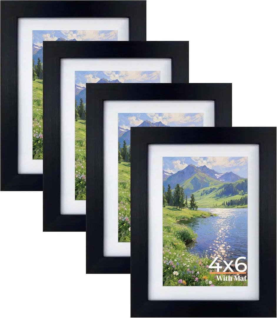 Giftgarden 4x6 Picture Frame Set of 4, 5x7 Frames Matted to 4 by 6 Pictures with Mat or 5 by 7 Photos without Mat, Wall Hanging or Tabletop Display, Black