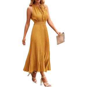 PRETTYGARDEN Women's Midi Summer Dresses Casual V Neck Swiss Dot Ruffle Sleeveless A Line Beach Sun Dress (Medium, Turmeric)