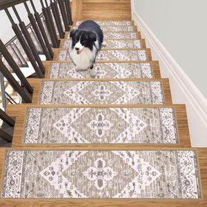 HEBE Carpet Stair Treads for Wooden Steps Indoor 15 Pack 8" X 30" Non Slip Self Adhesive Stairway Carpet Reusable Staircase Step Treads Edging Stair Rugs Runner for Kids and Pets (2'6" x 8" (Rectangular), Brown)