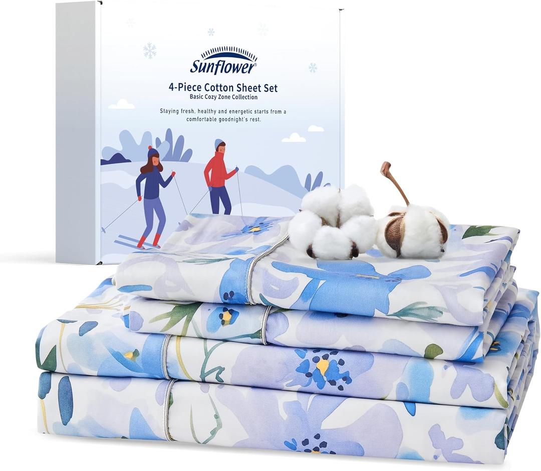 sunflower Extra Deep Pocket Queen Sheet Sets Fits 18"-24" in Deep Mattress -100% Cotton Queen Sheet Set, Blue Bloom Hotel Luxury Soft Breathable Sheet Sets for Queen Bed Deep Pocket