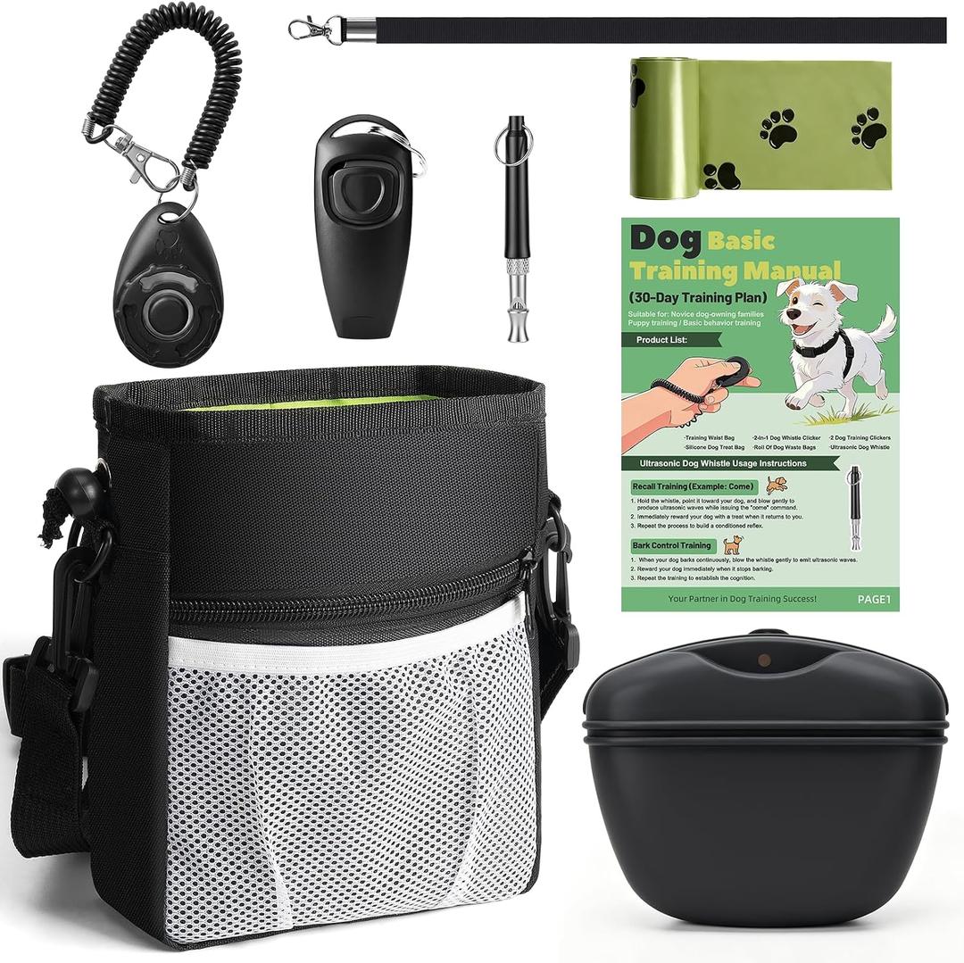 Dog Training Kit - Pet Training Waist Bag Built-in Poop Bag Holder, Dog Treat Pouch with Magnetic Closure, Dog Poop Bag, 2-in-1 Whistle Clicker, Ultrasonic Silent Whistle, Puppy Training Clickers