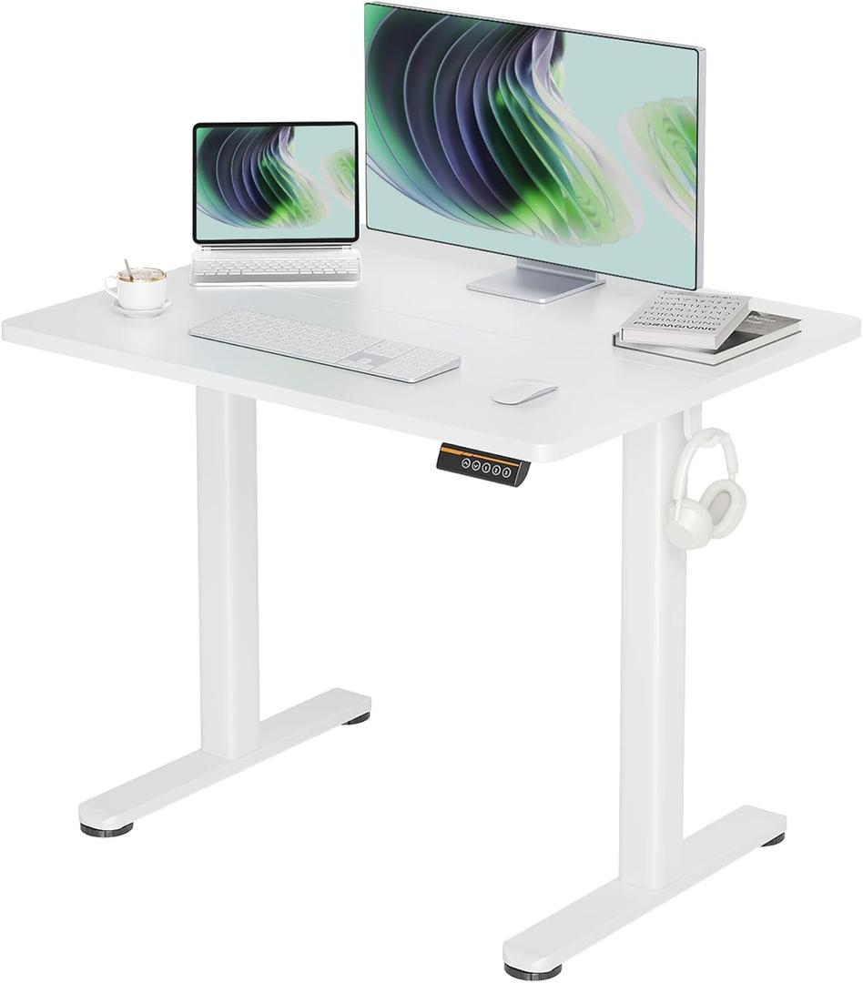 Claiks Standing Desk, Electric Height Adjustable Stand Up Desk, 35x20 Inches Sit Stand Desk for Home Office Desk, White Top/White Frame