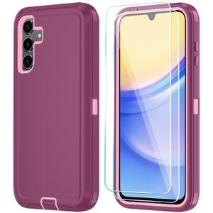 Qinmay Phone Case for Samsung Galaxy A35 5G Case with HD Screen Protector, Heavy Duty Shockproof & Dropproof 3-Layer Cover Phone Case for Galaxy A35 (WineRedPink)