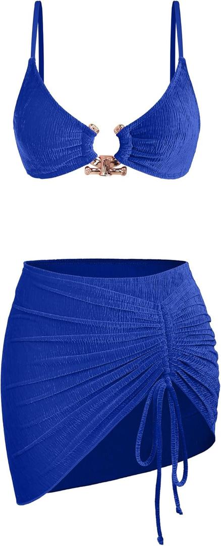 Ruched 3 Piece Swimsuits for Women Ribbed Velvet Bikini Sets with Sarong Coverup Metal Ring Bathing Suit (Small, Royal Blue)