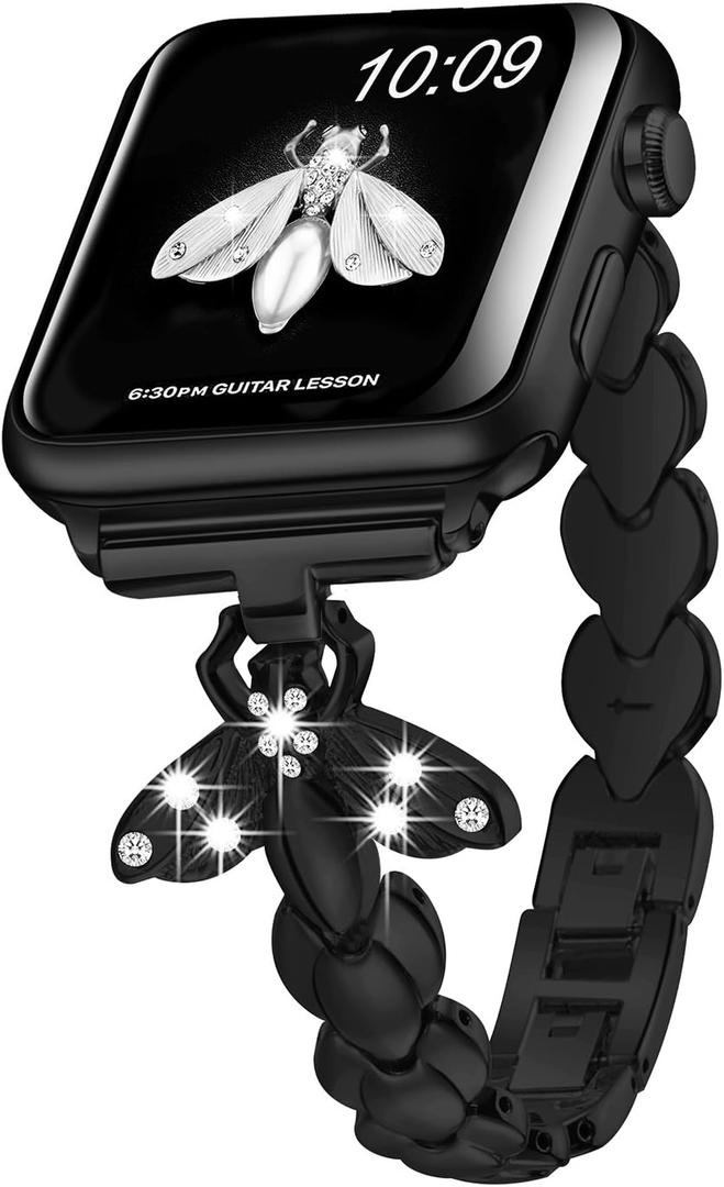 2 x SaNgaiMEi Strap Compatible with Apple Watch Ultra Band 49mm 45mm 44mm 42mm 41mm 40mm 38mm Women Bee Iwatch Band Stainless Steel Wristband for Apple Watch Series 8/7/6/5//4/3/2/1/SE (Black)