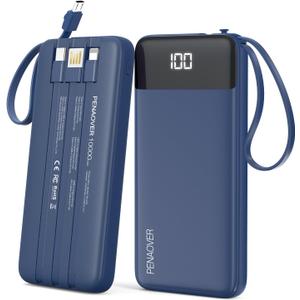 Portable Charger 10000mAh Power Bank with Built-in Cable, 5 Output 2 Input Travel Essential External Battery Pack with LED Display Compatible with iPhone 16/15 Samsung S22 Android,etc (Navy)