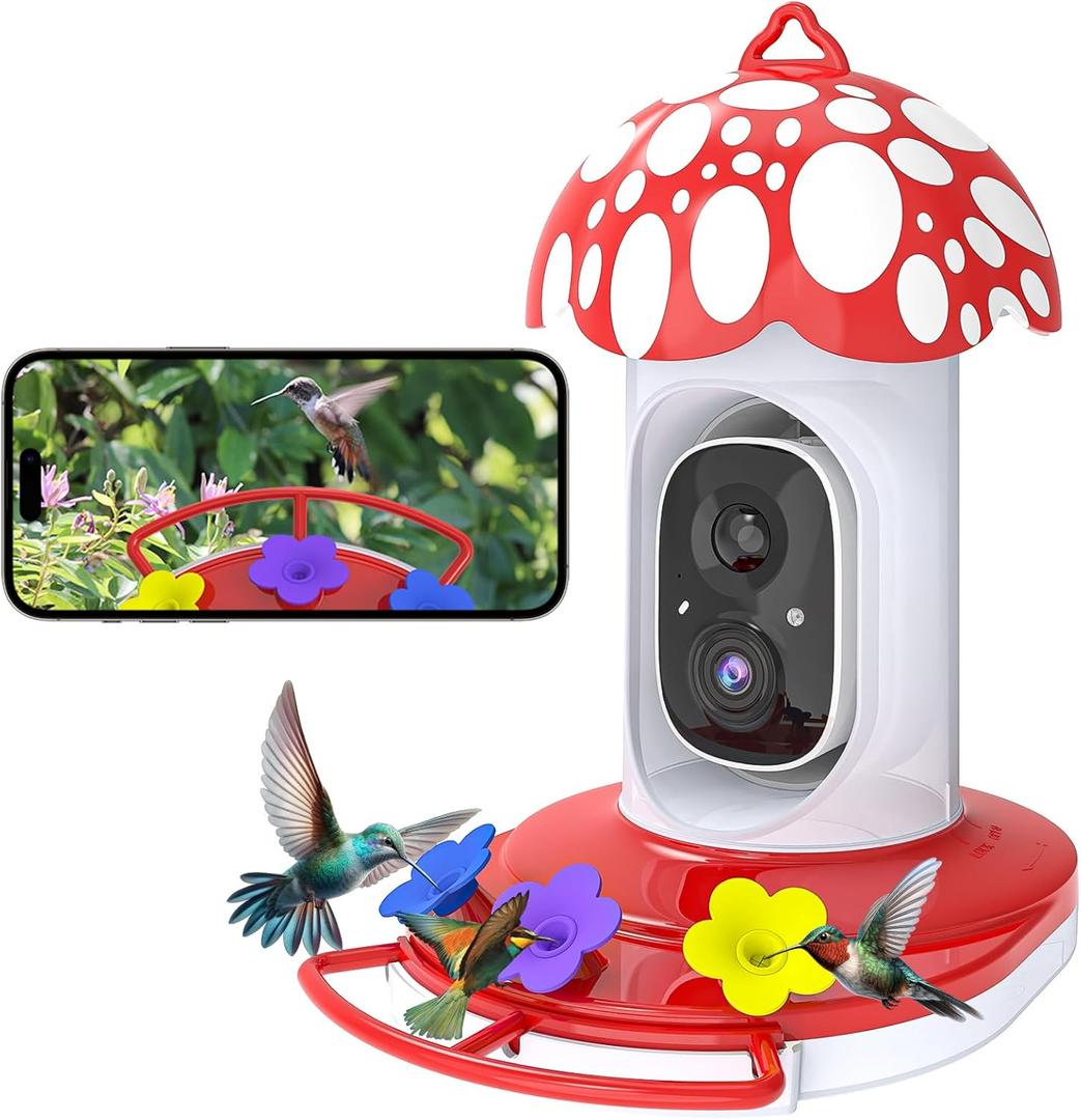 GHORA Smart Hummingbird Feeder with Camera - AI Identifies Bird Breed, 1080P Live Feed, Instant Notifications - Ant and Bee Proof, 3 Color Ports - Perfect for Hummingbird Feeding Outdoors