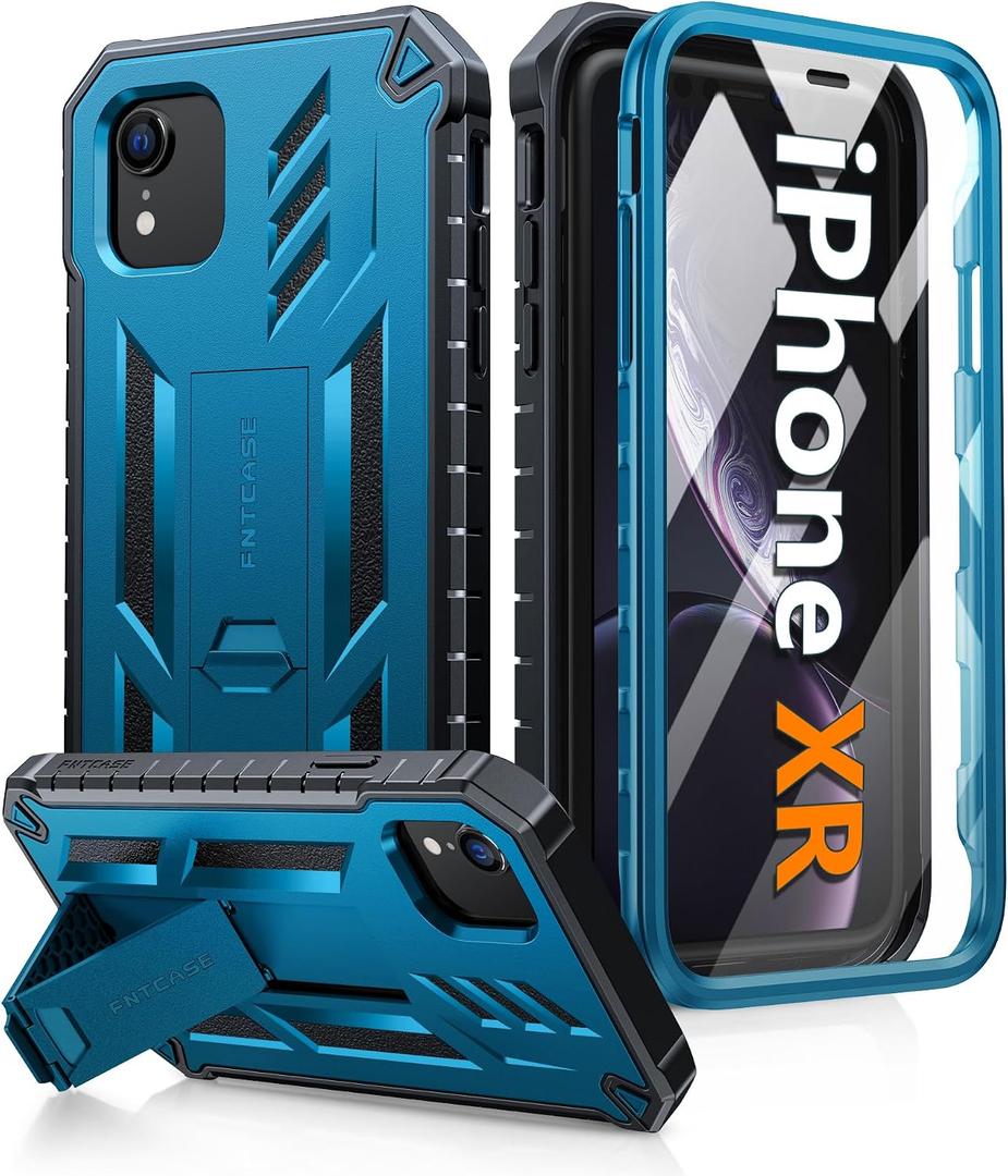 FNTCASE for iPhone XR Phone Case: [Built-in Screen Protector & Kickstand] [Military Grade Drop Protection] Heavy Duty Full Protective Matte Textured Shockproof TPU Rugged Phone Cover - Blue