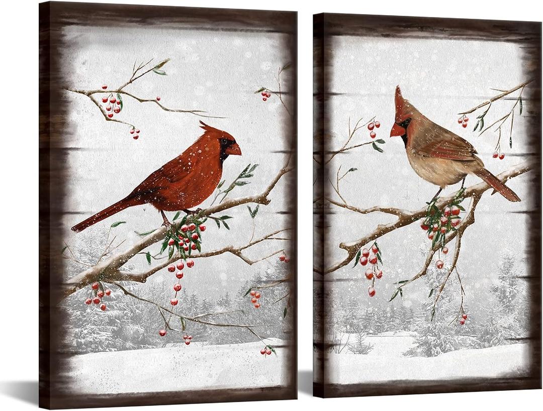 iHAPPYWALL 2 Pieces Cardinal Canvas Wall Art Red Bird on Snowy Branch Winter Scene Landscape Love Birds Picture for Bedroom Living Room Decor Ready to Hang 16x24inchx2pcs
