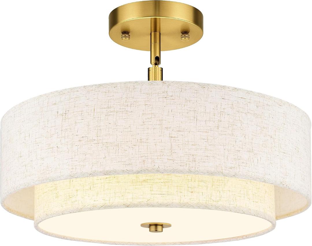 AUTELO 18" Semi Flush Mount Ceiling Light, 3-Light Farmhouse Ceiling Light in Brushed Gold Finish with Drum Fabric Shade, Gold Light Fixtures Ceiling Mount for Hallway Bedroom Kitchen, C2506 BG-18