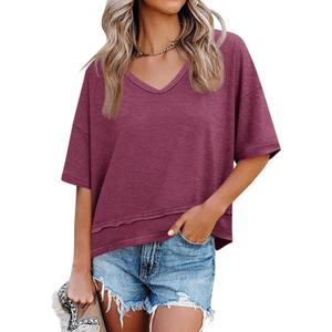 Cicy Bell Womens Summer V Neck T Shirts Casual Short Sleeve Flowy Tops Cute Loose Fit Basic Tees (Medium, Burgundy)