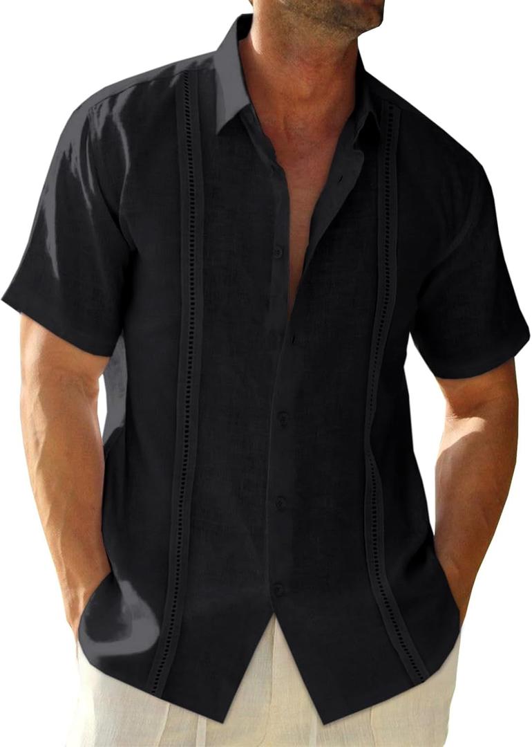 Runcati Mens Linen Cuban Guayabera Shirts Button Down Short Sleeve Shirt Cotton Hippie Summer Beach Vacation Shirts (Black, L)