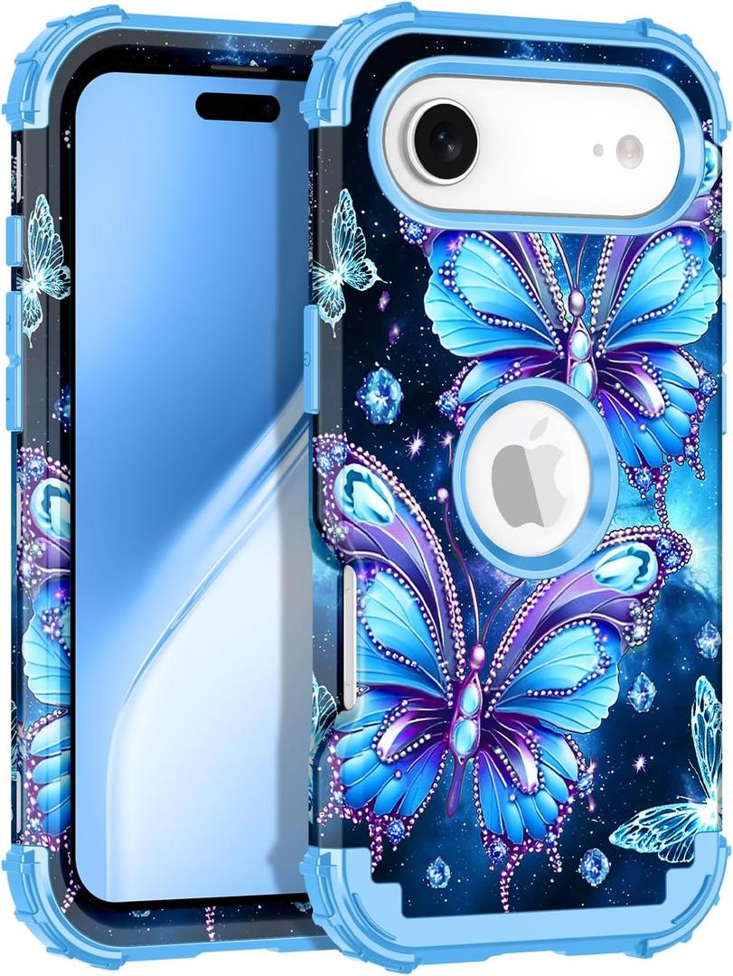 LONTECT for iPhone Air Case Glow in The Dark Three Layer Heavy Duty Shockproof Hard PC+Soft Silicone Rugged Full Body Protective Case for Women Girls,Sky Blue