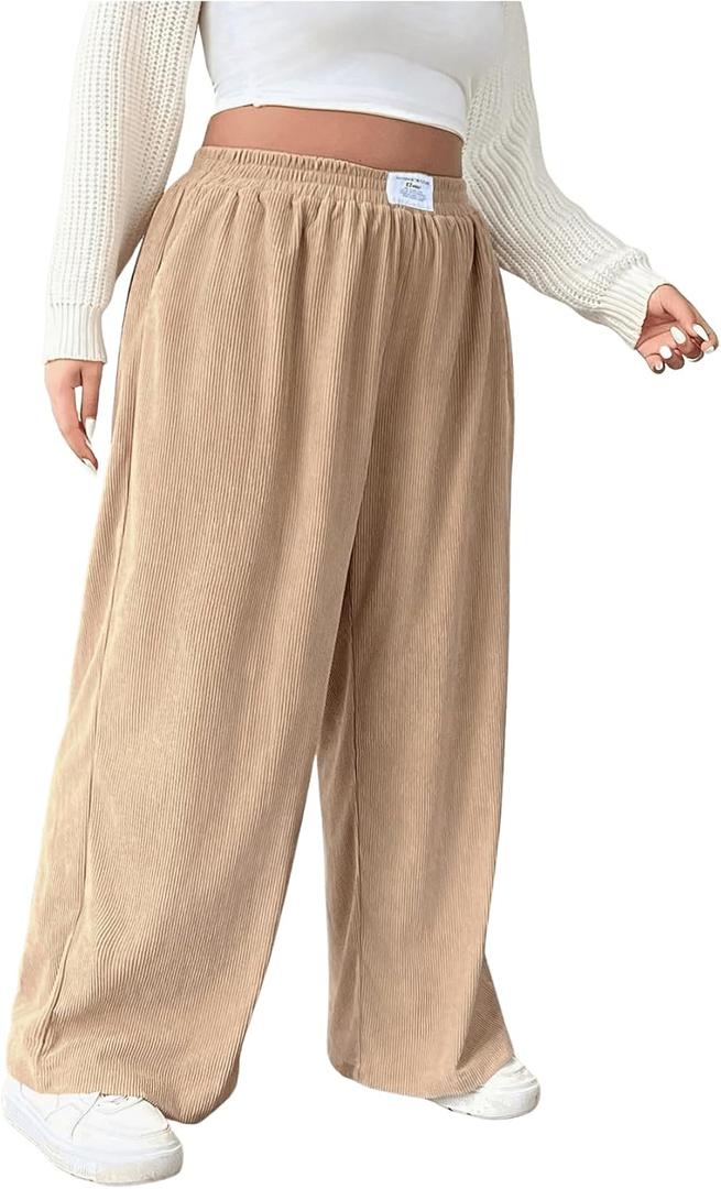 Floerns Women's Plus Size Elastic High Waisted Wide Leg Pants Fall Corduroy Pants (XX-Large Plus, Khaki)