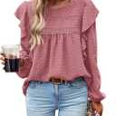 PRETTYGARDEN Women's Long Sleeve Shirts Ruffle Swiss Dot Crochet Loose Fit Tunic Dressy Casual Tops Blouses Spring Fashion (Pink, XS)