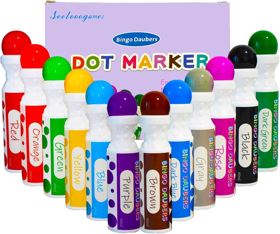 SEETOOOGAMES Bingo Daubers Dot Markers - Mixed Colors Set of 12 Pack - for Toddler Arts and Crafts (Red, Orange, Yellow, Apple Green, Blue, Purple, Pink, Brown, Dark Green, Dark Blue, Gray and Black)