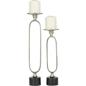 Deco 79 Aluminum Metal Decorative Candle Holder Paper Clip Pillar Candle Stand with Marble Base, Set of 2 Candlestick Holder 19", 15" H, Silver