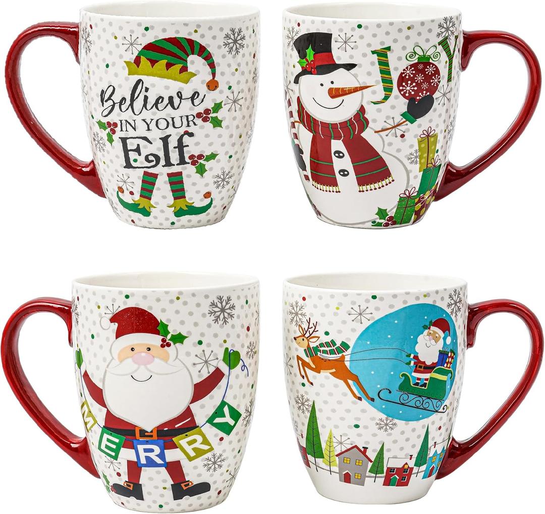 Topadorn Christmas Ceramic Coffee Mug Travel Cup Gift with Lid 18 oz, Porcelain Tea Cup with Handle for Home & Office, Set of 4 Mugs Holiday Gift for Friends and Family